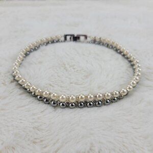 1950's Cream/Silver Pearl Bead Double Strand Necklace w/Rhinestones by Trifari